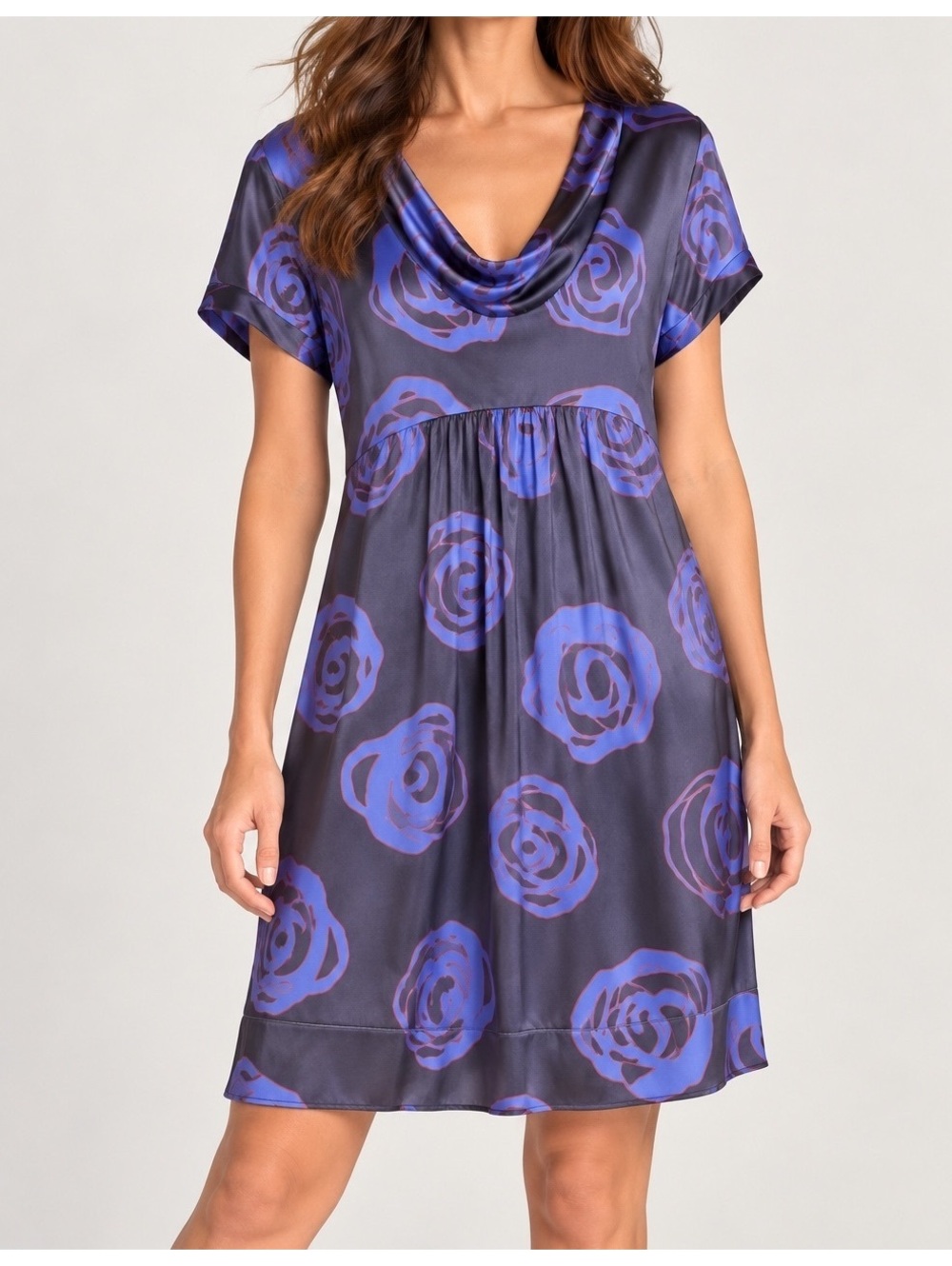 DKNY Silk Blend Cowl Neck Dress Blue Purple Abstract Print Size 8